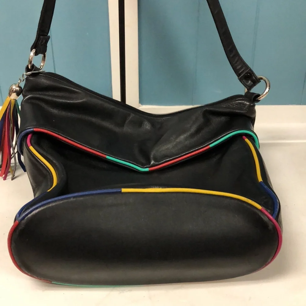 Vtg y2k 90’s rainbow color trim black leather‎ purse crossbody purse 11” x 9”